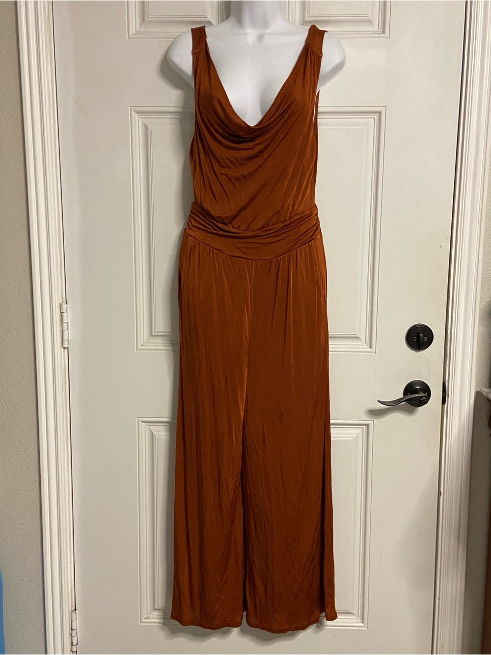 T43a- MAEVE Rusty Orange Draped Cowl Neck Knit Cropped Square Leg Jumpsuit